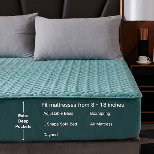 Pangzi Flannel Fitted Sheet,Plush Thicken Mattress Cover Warm Velvety Soft Heavyweight Non-Slip Protective Cover Around Winter Warm Fuzzy Bottom Sheet (Twin,Green) - Image 3