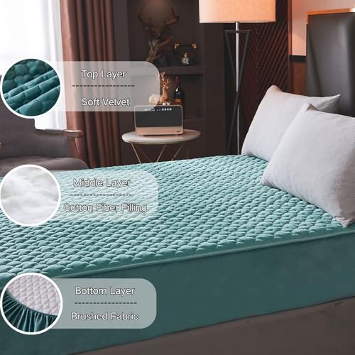 Pangzi Flannel Fitted Sheet,Plush Thicken Mattress Cover Warm Velvety Soft Heavyweight Non-Slip Protective Cover Around Winter Warm Fuzzy Bottom Sheet (Twin,Green) - Image 4