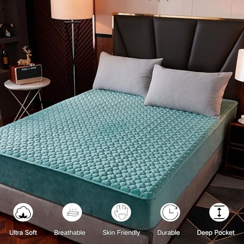 Pangzi Flannel Fitted Sheet,Plush Thicken Mattress Cover Warm Velvety Soft Heavyweight Non-Slip Protective Cover Around Winter Warm Fuzzy Bottom Sheet (Twin,Green) - Image 2
