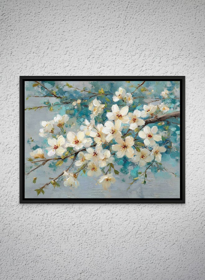 Art Decor Framed Canvas Landscape Print of Cream Blossom Branch on Blue Teal Background Modern Floral Botanical Wall Décor for Living Room Bedroom Office Home Décor - Image 1