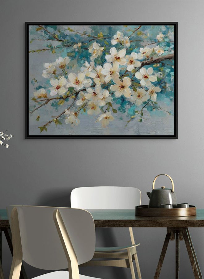 Art Decor Framed Canvas Landscape Print of Cream Blossom Branch on Blue Teal Background Modern Floral Botanical Wall Décor for Living Room Bedroom Office Home Décor - Image 2