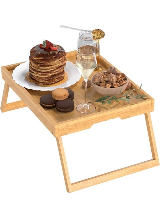 طاولة سرير من البامبو بأرجل قابلة للطي، صينية فطار في السرير لتناول الطعام، طاولة قابلة للطي للكنبة والسرير وتناول الطعام والعمل، صينية تقديم للوجبات الخفيفة واللاب توب، بني، كبيرة - Image 1