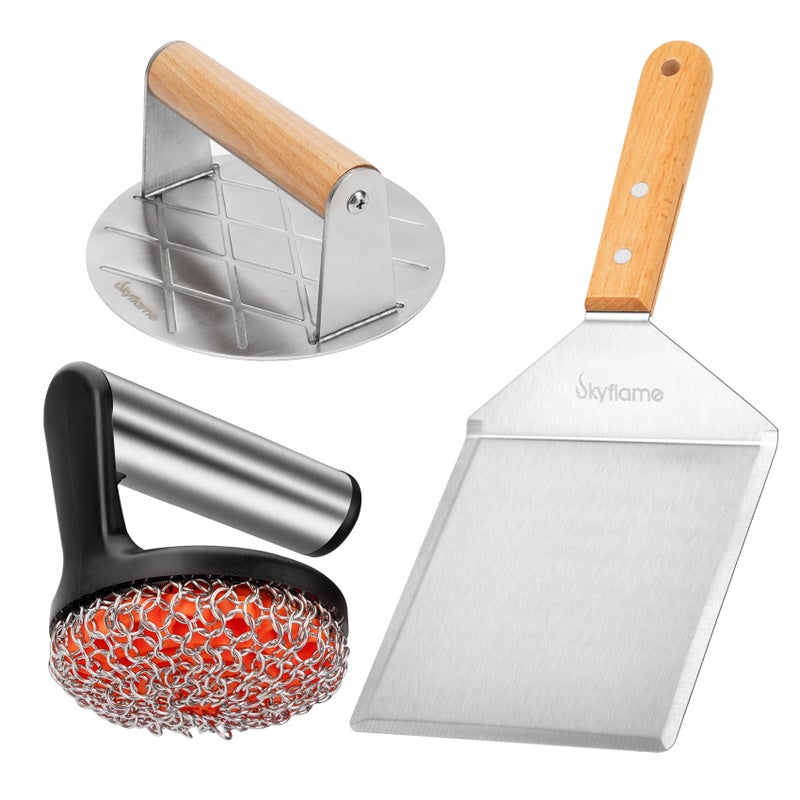 Skyflame 3-in-1 Smashed Burger Kit, Stainless Steel Burger Press, Griddle Spatula and Cast Iron Scrubber, BBQ Grill Accessories Set for Indoor Outdoor Cooking - Image 1