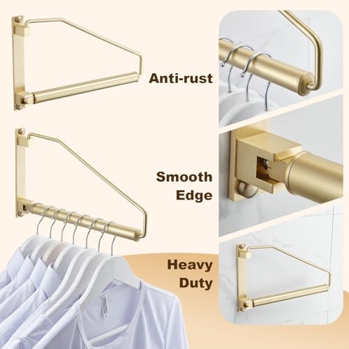 Hiendure Folding Clothes Hanger Gold Brushed Drying Clothes Rack Wall-Mounted Space Saver for Laundry Room Closet, Brass, 12 Inch - Image 2