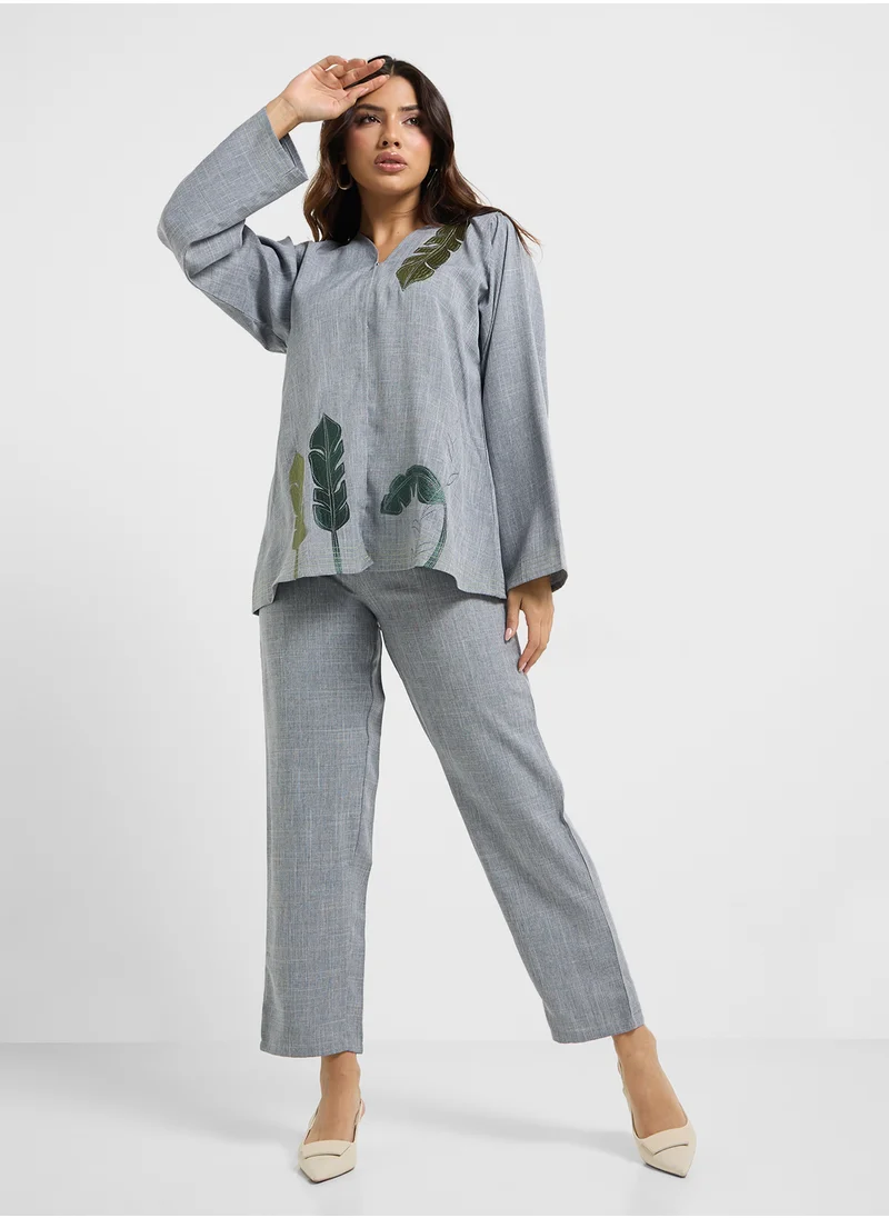 hayas closet Embroidered Blouse & Pants Set