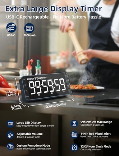 MeesMeek 78 Digital Kitchen Timer with Large LED Display Magnetic Rechargeable Countdown Timer 5 Alarms 4 Volume Levels 99H Count UpDown Timer for Cooking Classroom Study - Image 3