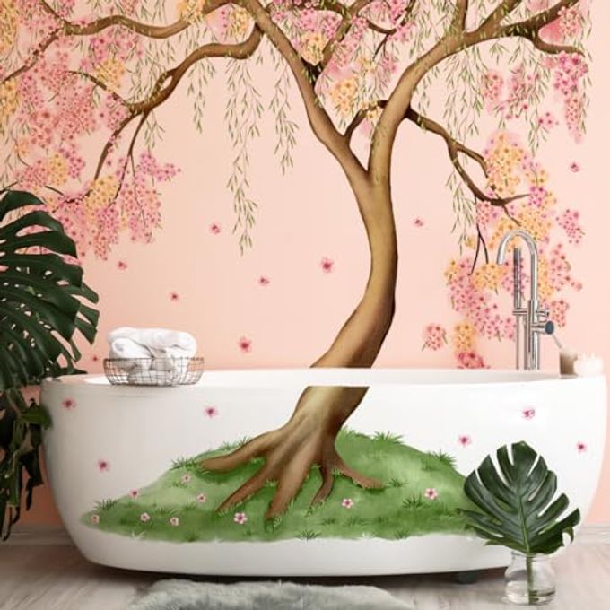 Mirabuy Large Pink and Yellow Cherry Blossom Tree Wall Decals Green Leaves Wall Stickers, Large Floral Wall Stickers for Living Room Tv Background Bedroom Wall Decor, 52.36 x 41.99 inches - Image 3