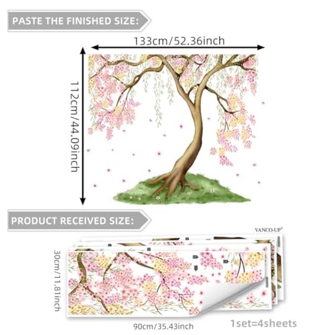 Mirabuy Large Pink and Yellow Cherry Blossom Tree Wall Decals Green Leaves Wall Stickers, Large Floral Wall Stickers for Living Room Tv Background Bedroom Wall Decor, 52.36 x 41.99 inches - Image 5