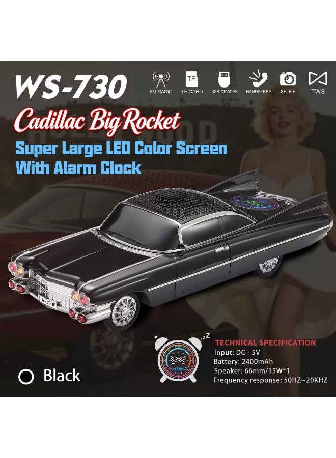 Vintage Cadillac Car Model Bluetooth Speaker, WS-730 Retro Rocket Car Wireless Speaker with Alarm Clock, Heavy Bass Audio Support FM Radio TF Card USB Playback - Image 4