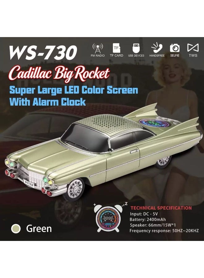 Vintage Cadillac Car Model Bluetooth Speaker, WS-730 Retro Rocket Car Wireless Speaker with Alarm Clock, Heavy Bass Audio Support FM Radio TF Card USB Playback - Image 5