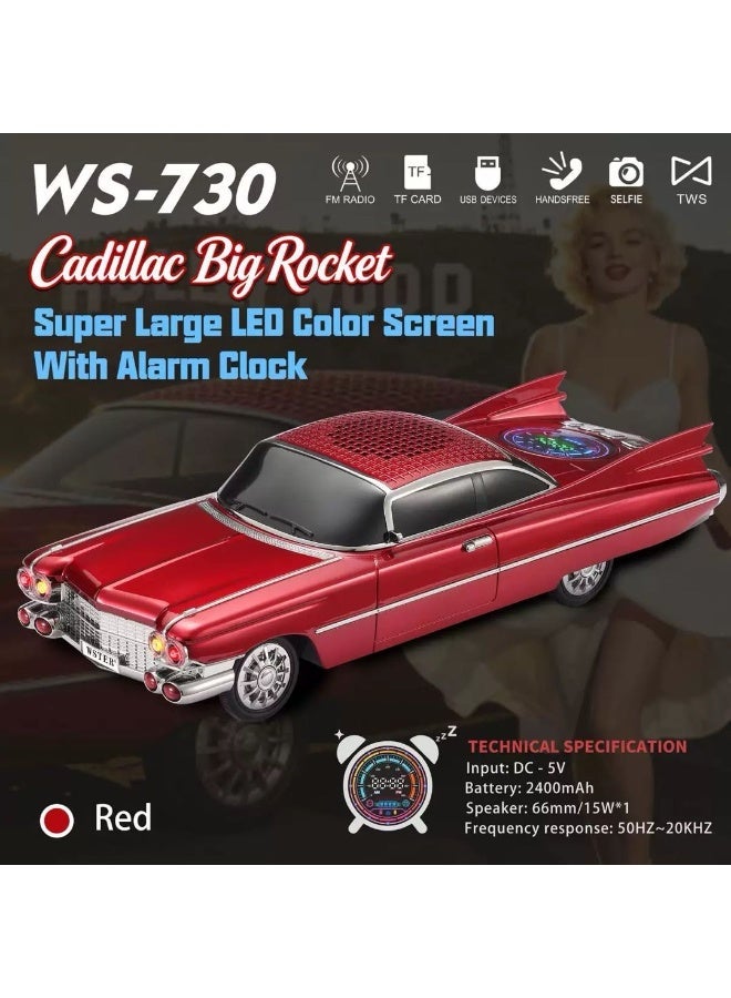 Vintage Cadillac Car Model Bluetooth Speaker, WS-730 Retro Rocket Car Wireless Speaker with Alarm Clock, Heavy Bass Audio Support FM Radio TF Card USB Playback - Image 2