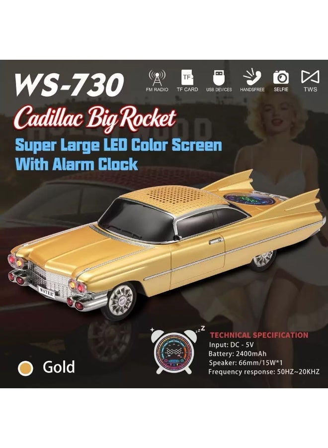 Vintage Cadillac Car Model Bluetooth Speaker, WS-730 Retro Rocket Car Wireless Speaker with Alarm Clock, Heavy Bass Audio Support FM Radio TF Card USB Playback - Image 3