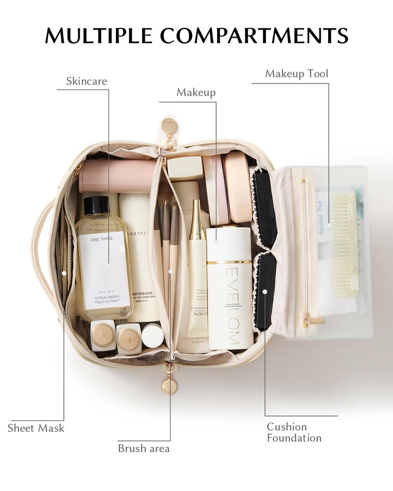 EACHY Travel Makeup Bag,Large Capacity Cosmetic Bags for Women,Waterproof Portable Pouch Open Flat Toiletry Bag Make up Bag with Divider and Handle - Image 4