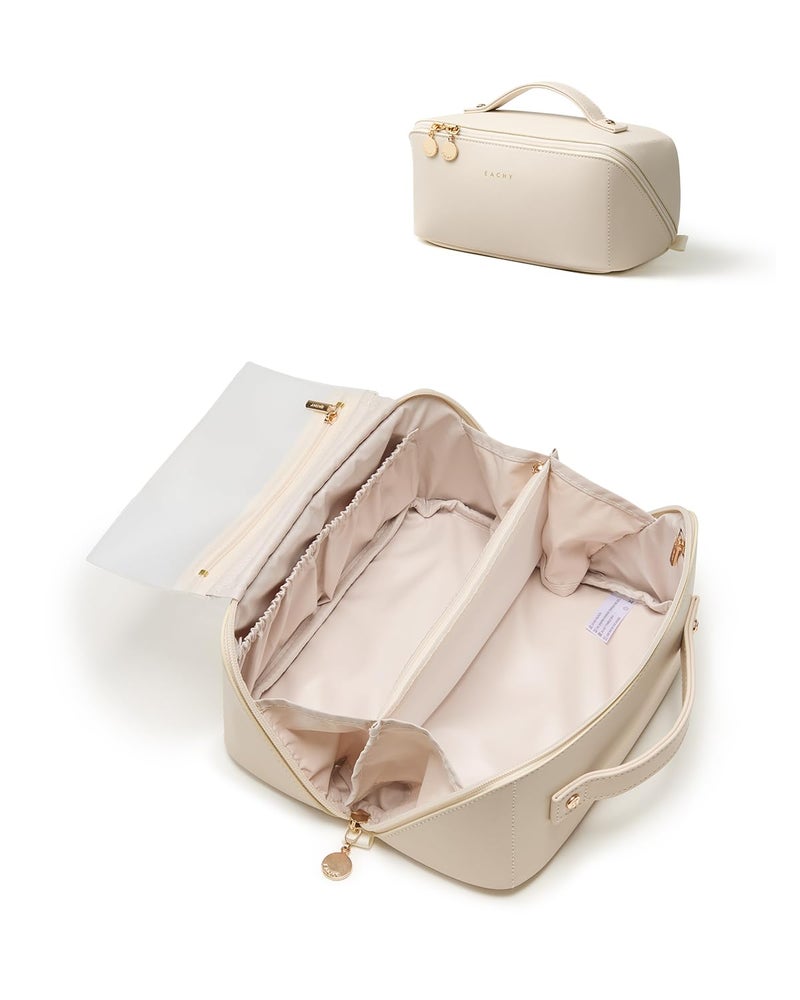 EACHY Travel Makeup Bag,Large Capacity Cosmetic Bags for Women,Waterproof Portable Pouch Open Flat Toiletry Bag Make up Bag with Divider and Handle - Image 1
