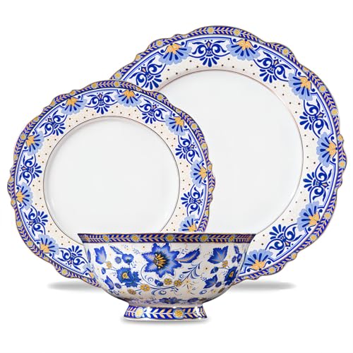 ACMLIFE Bone China Dinnerware Sets, Fine China Plates and Bowls Set, Vintage Floral Dish Set, Mother's Day, Gifts for Women, 12-Piece Service for 4 with 24K Gold Trim Blue and White(Blue-B) - Image 1
