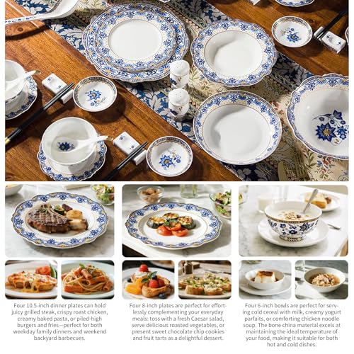 ACMLIFE Bone China Dinnerware Sets, Fine China Plates and Bowls Set, Vintage Floral Dish Set, Mother's Day, Gifts for Women, 12-Piece Service for 4 with 24K Gold Trim Blue and White(Blue-B) - Image 2