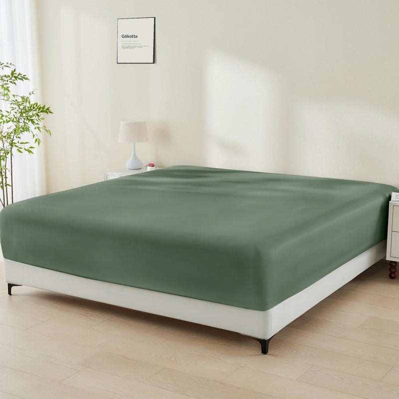 GOKOTTA Fitted Sheet Only  16 Inch Pocket Bamboo Rayon Fitted Sheet Super Soft and Cooling Bottom Sheet with 4 Elastic Corner StrapsGreen Queen Size