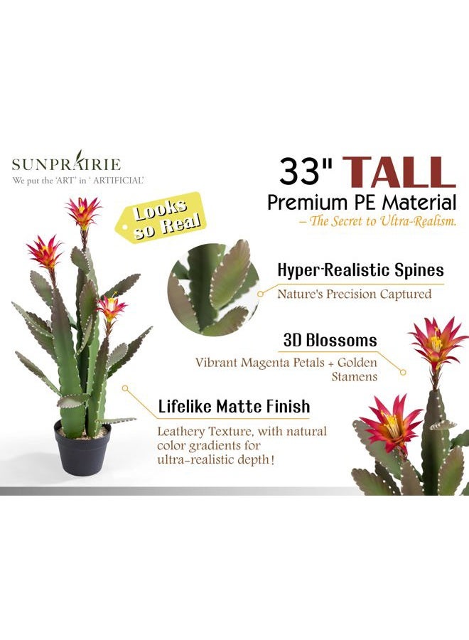 SUNPRAIRIE 33 Inch Large Artificial Cactus with Magenta Flowers in Pot with Natural Gravel. Satin Finish Leaves with Real Look and Feel. Outdoor and Indoor Faux Plants. - Image 2