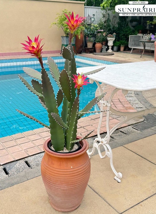 SUNPRAIRIE 33 Inch Large Artificial Cactus with Magenta Flowers in Pot with Natural Gravel. Satin Finish Leaves with Real Look and Feel. Outdoor and Indoor Faux Plants. - Image 5