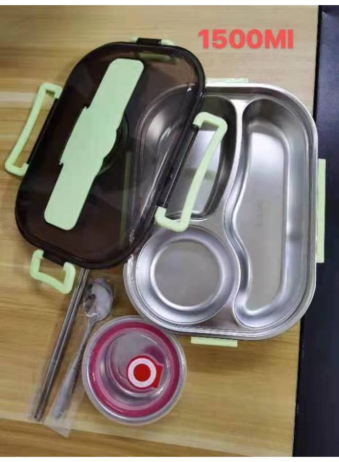 Daily Use Lunch Box/freshness Preservation Box Rice Box/freshness Preservation Box Rice-Specifications:Three-compartment Soup Bowl Green (spoon To Chopsticks) Large 1500ml  - Image 1