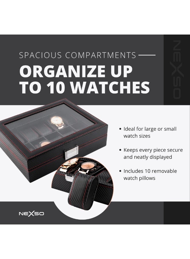 Nexso Black Leather 10-Slot Watch Box Organizer for Men – Elegant Rectangular Transitional Design with Removable Cushions, Clear Glass Lid & 51 mm Dial Capacity Display Storage Case - Image 4
