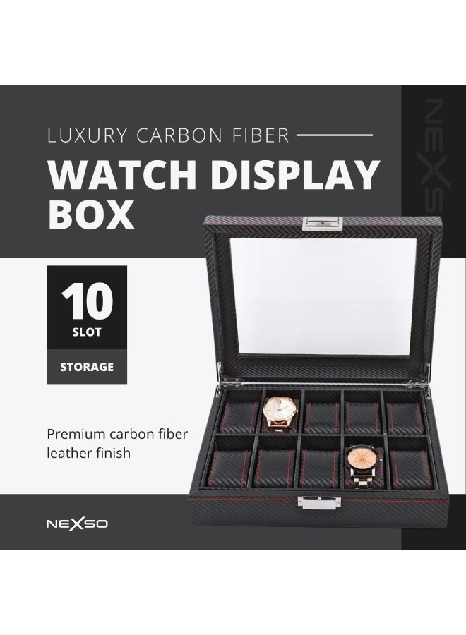 Nexso Black Leather 10-Slot Watch Box Organizer for Men – Elegant Rectangular Transitional Design with Removable Cushions, Clear Glass Lid & 51 mm Dial Capacity Display Storage Case - Image 2