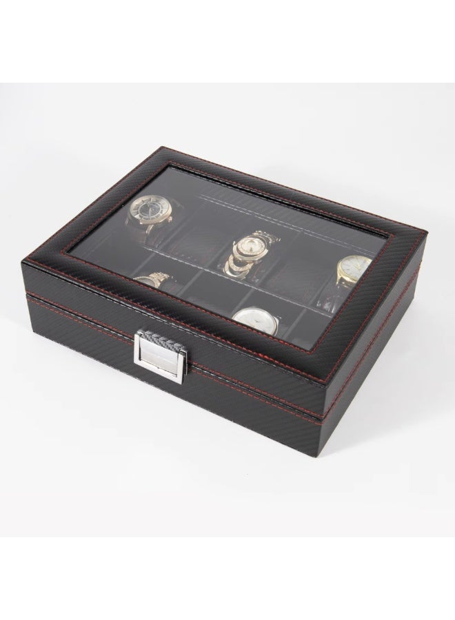 Nexso Black Leather 10-Slot Watch Box Organizer for Men – Elegant Rectangular Transitional Design with Removable Cushions, Clear Glass Lid & 51 mm Dial Capacity Display Storage Case - Image 1