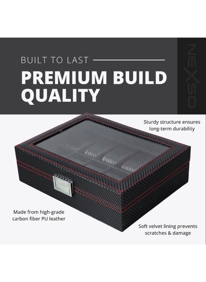 Nexso Black Leather 10-Slot Watch Box Organizer for Men – Elegant Rectangular Transitional Design with Removable Cushions, Clear Glass Lid & 51 mm Dial Capacity Display Storage Case - Image 3