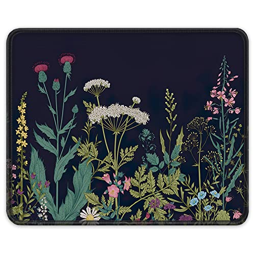 Auhoahsil Mouse Pad, 12 x 10 in Flower Theme Computer Mouse Pad for Desk, Premium-Textured Non-Slip Rubber Stitched Edges Waterproof Square Mouse Mat for Gaming Work Wireless Mice, Black - Image 1