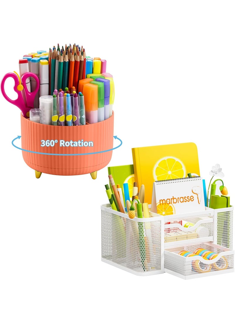 Marbrasse Marbrasse 360Degree Rotating Pen Holder for Desk Mesh Desk Organizer with 2 Drawer  - Image 1