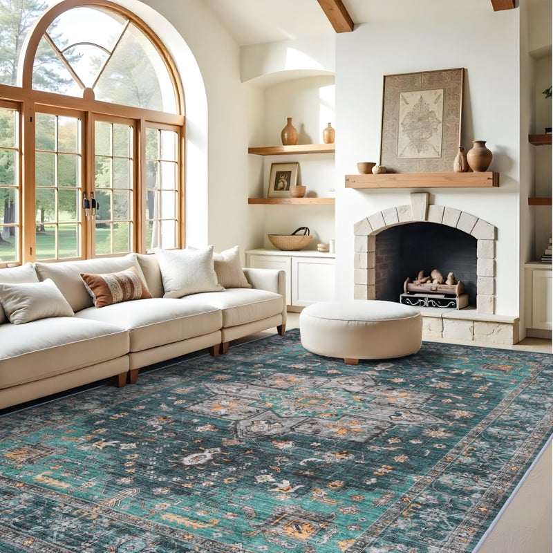 RUUGME Living Room 9x12 Area Rugs - Large Boho Rugs for Living Room Stain Resistant Carpet Vintage Tribal Rugs for Bedroom Kitchen Bathroom with Non Slip Backing Home Decor Floor Decoration Mat 9x12 Teal - Image 1