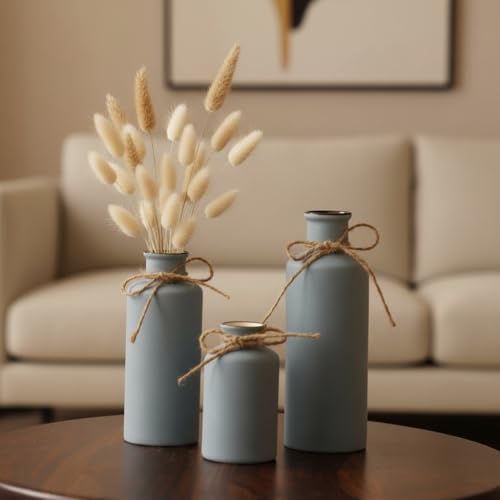 PUREZENTO Vintage Roman Bottle Vase 3Pcs Ceramic Vases, Rustic Beautiful Decorative Flower Vases Set for Modern Farmhouse Decoration, Living Room, Table, Bookshelf, Mantel and Entryway Decor (Grey) - Image 1