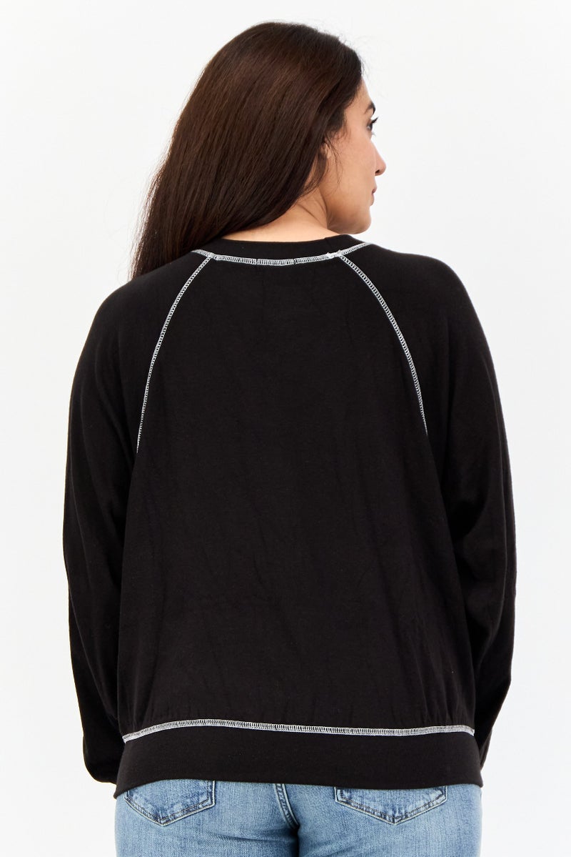 NIA Women Round Neck Plain Sweater, Black - Image 3