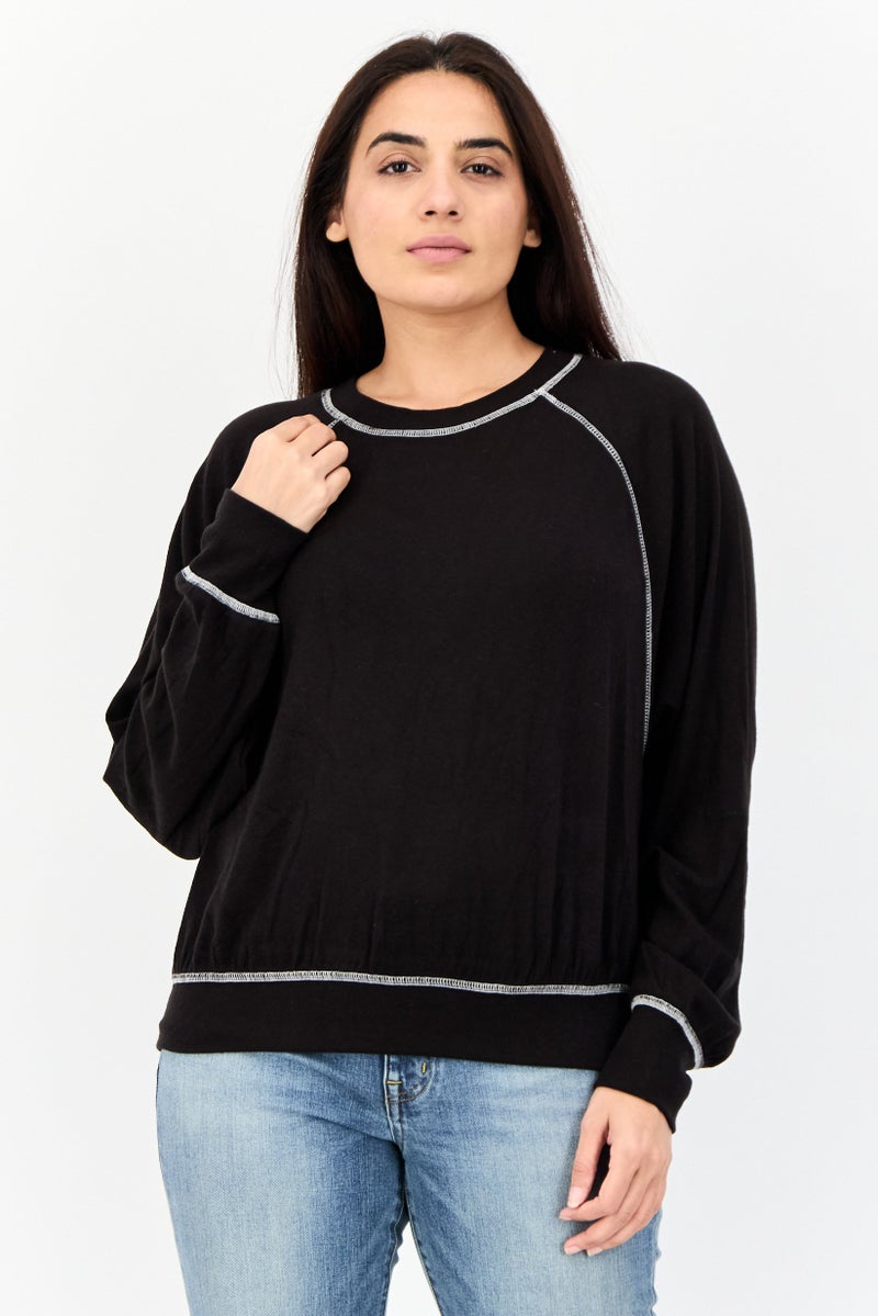 NIA Women Round Neck Plain Sweater, Black - Image 1