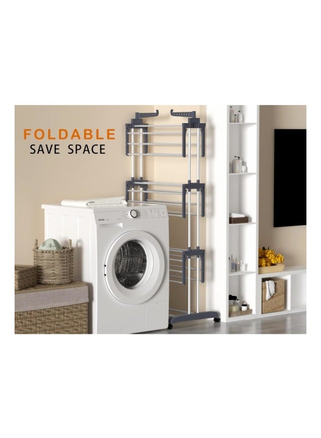 MIXDE Clothes Drying Rack, Oversized 4-Tier(67.7" High) Foldable Stainless Steel Drying Rack Clothing, Movable Drying Rack with 4 castors, 24 Drying Poles & 14 Hooks for Bed Linen, Clothing, Grey - Image 4