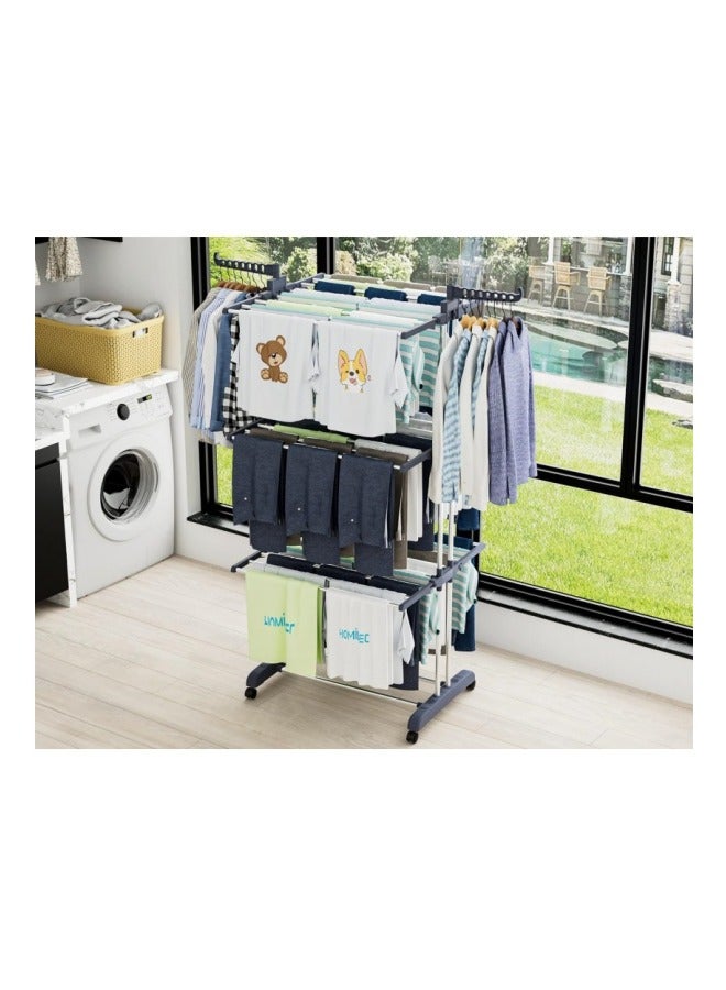 MIXDE Clothes Drying Rack, Oversized 4-Tier(67.7" High) Foldable Stainless Steel Drying Rack Clothing, Movable Drying Rack with 4 castors, 24 Drying Poles & 14 Hooks for Bed Linen, Clothing, Grey - Image 3