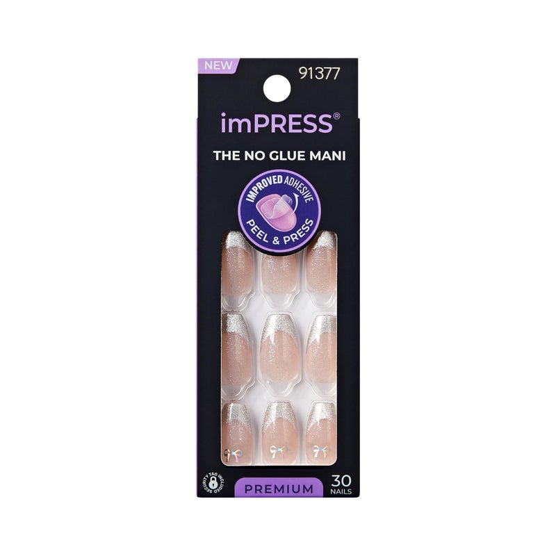 Impress KISS imPRESS No Glue Mani Press On Nails, Premium, 'Memory Lane', Silver, Medium Size, Coffin Shape, Includes 30 Nails, Prep Pad, Instructions Sheet, 1 Manicure Stick, 1 Mini File - Image 1