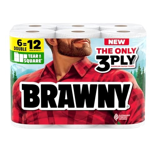 Brawny Tear-A-Square 3-Ply Paper Towels, 6 Double Rolls = 12 Regular Rolls, Strong, Absorbent, and Durable with 3 Sheet Sizes (Quarter, Half, Full) - Image 1