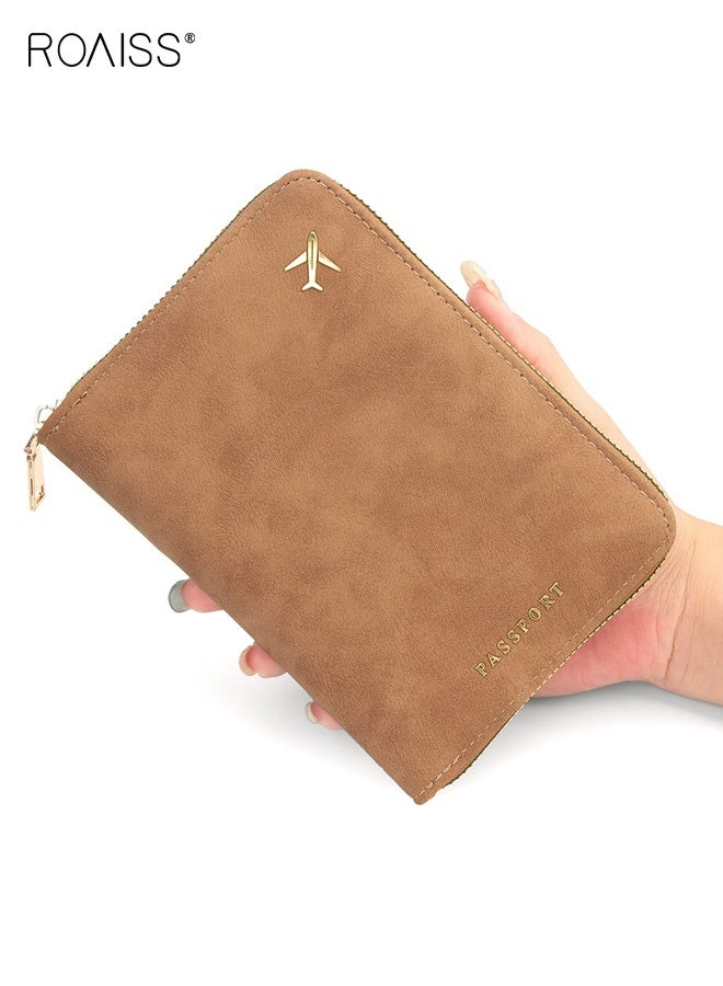 رويس حامل جواز سفر للجنسين بسحاب، غطاء جواز سفر سميك من البولي يوريثان، حامل هوية مطبوع بلون سادة بفتحات متعددة للبطاقات، حقيبة تخزين مضادة للانزلاق للسفر، بني - Image 1