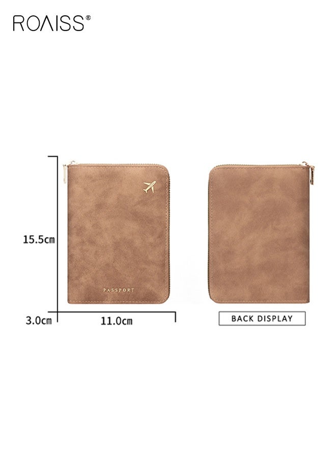 رويس حامل جواز سفر للجنسين بسحاب، غطاء جواز سفر سميك من البولي يوريثان، حامل هوية مطبوع بلون سادة بفتحات متعددة للبطاقات، حقيبة تخزين مضادة للانزلاق للسفر، بني - Image 3