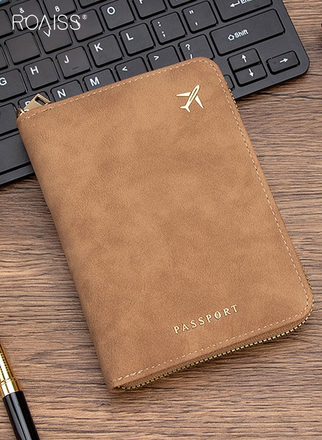 رويس حامل جواز سفر للجنسين بسحاب، غطاء جواز سفر سميك من البولي يوريثان، حامل هوية مطبوع بلون سادة بفتحات متعددة للبطاقات، حقيبة تخزين مضادة للانزلاق للسفر، بني - Image 2