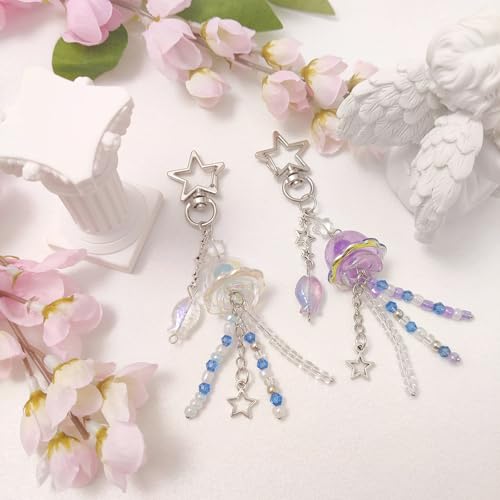 cioatu Cute Keychain Aesthetic Y2K Keychain Accessories Heart Butterfly Strawberry Bear Key Chain for Keys Bags Women Gifts (Purple & Blue Jellyfish) - Image 2