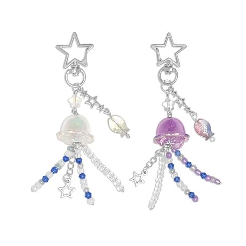 cioatu Cute Keychain Aesthetic Y2K Keychain Accessories Heart Butterfly Strawberry Bear Key Chain for Keys Bags Women Gifts (Purple & Blue Jellyfish) - Image 1