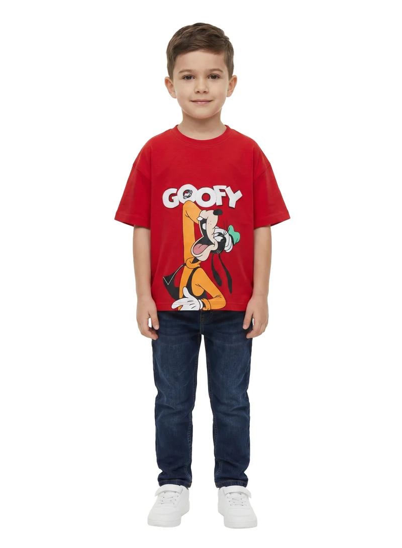 Disney  Disney Goofy Boys Oversized Drop Shoulder Graphic T-Shirt | Casual Character Print Crew Neck Red Tee for Men | Best Price UAE