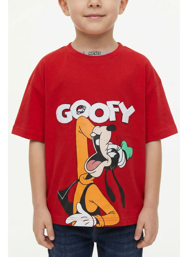 Disney  Disney Goofy Boys Oversized Drop Shoulder Graphic T-Shirt | Casual Character Print Crew Neck Red Tee for Men | Best Price UAE