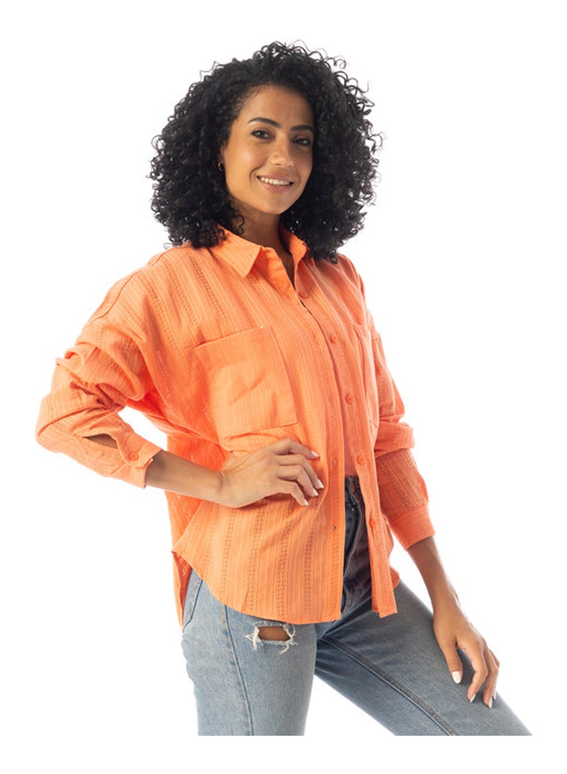 Andora Long Sleeves Textured Oversized Shirt - Orange - Image 2