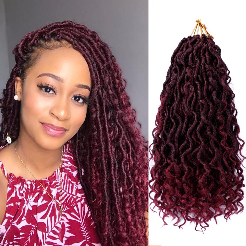 Dorsanee Goddess Locs Crochet Hair 12 Inch 7 Packs Ombre Burgundy Boho Faux Locs Crochet Hair for Black Women Pre Looped Crochet Locs with Curly Ends 1BBug
