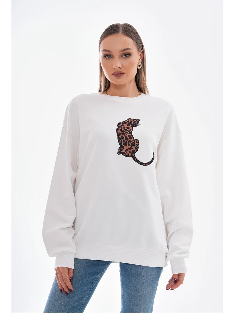 Marvella By Rasha WHITE Oversized Black Sweatshirt with Embroidered Leopard for Women | Best Price UAE