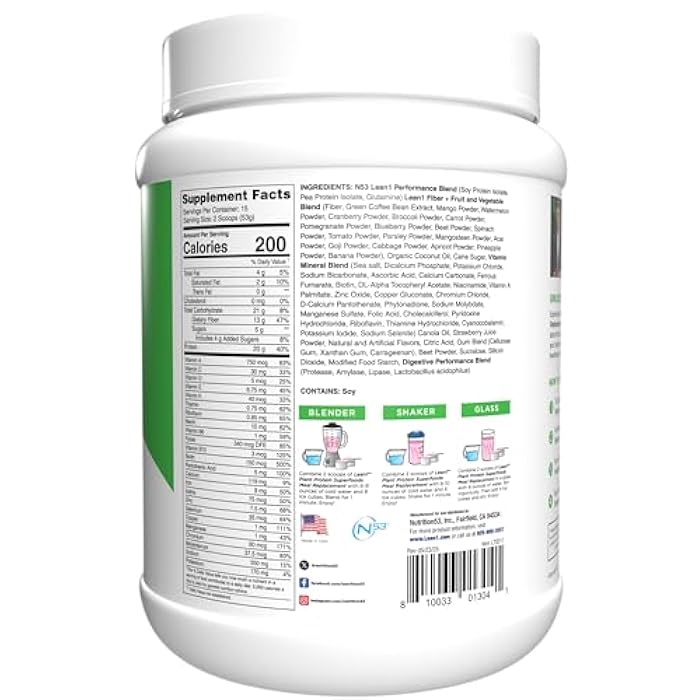 Lean1 Plant Based Protein Powder, Meal Replacement, strawberry flavor, 15 serving - Image 3