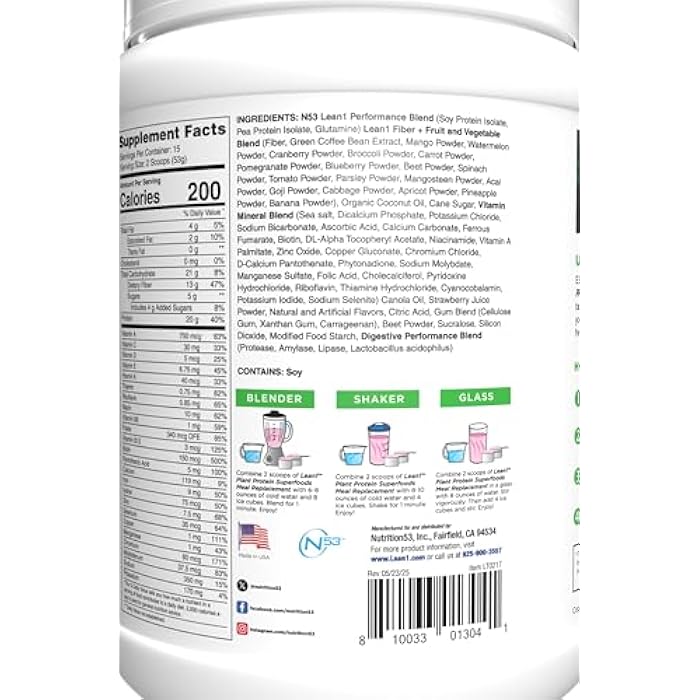 Lean1 Plant Based Protein Powder, Meal Replacement, strawberry flavor, 15 serving - Image 4